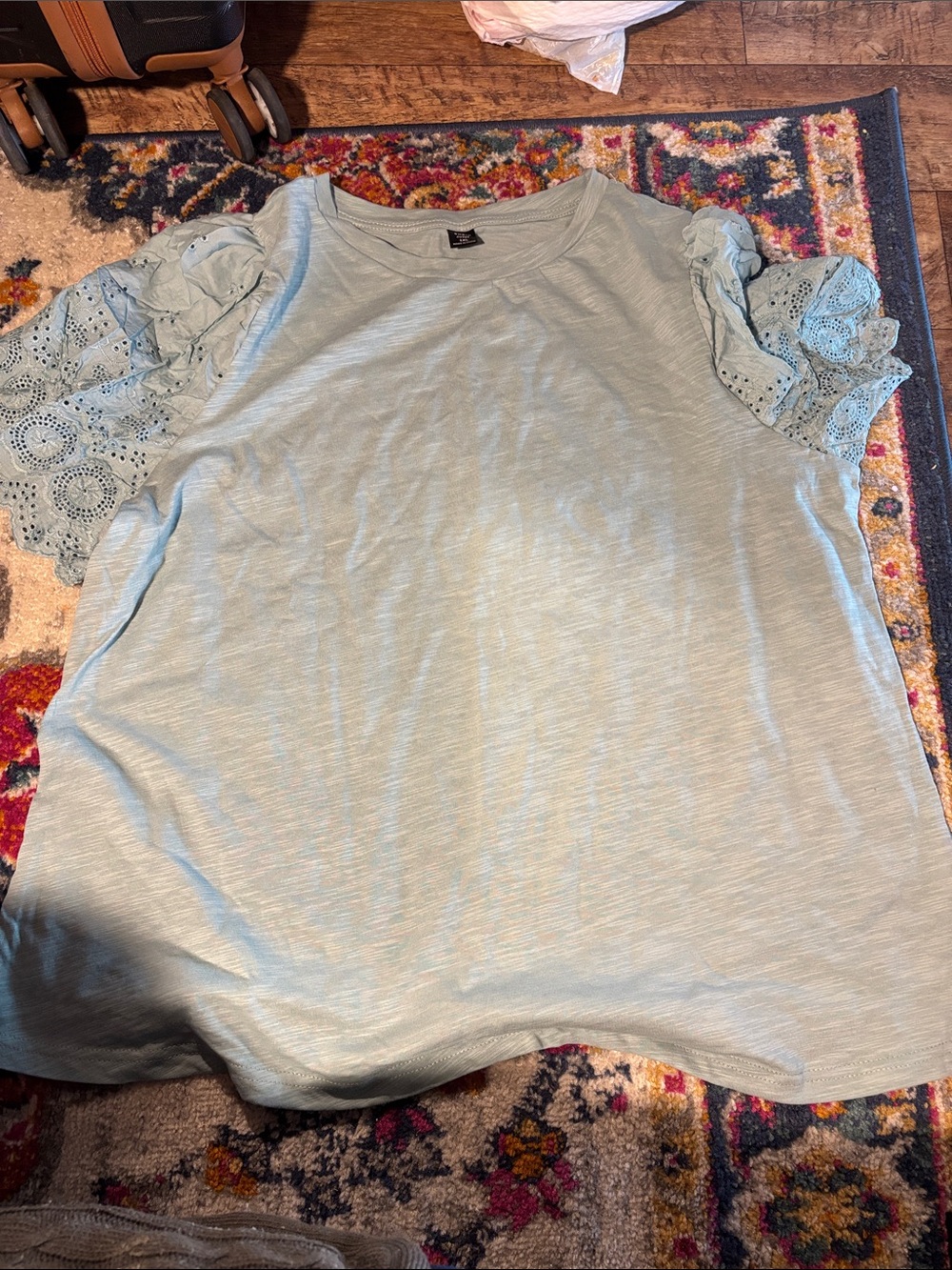 SHEIN Seafoam Green Eyelet Ruffle Sleeve Short-Sleeve Tee